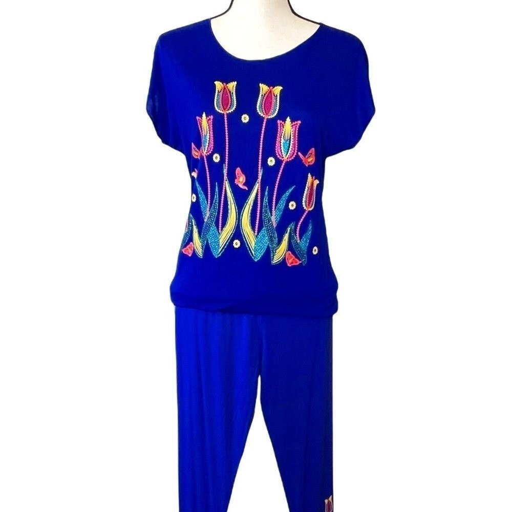 Vintage Custo Barcelona‎ blue floral applique set top and bottom women Medium